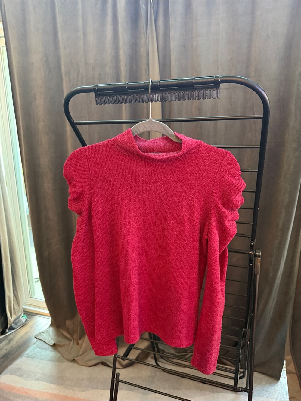 Aqua Red Ruffle-Shoulder Mock Neck Sweater